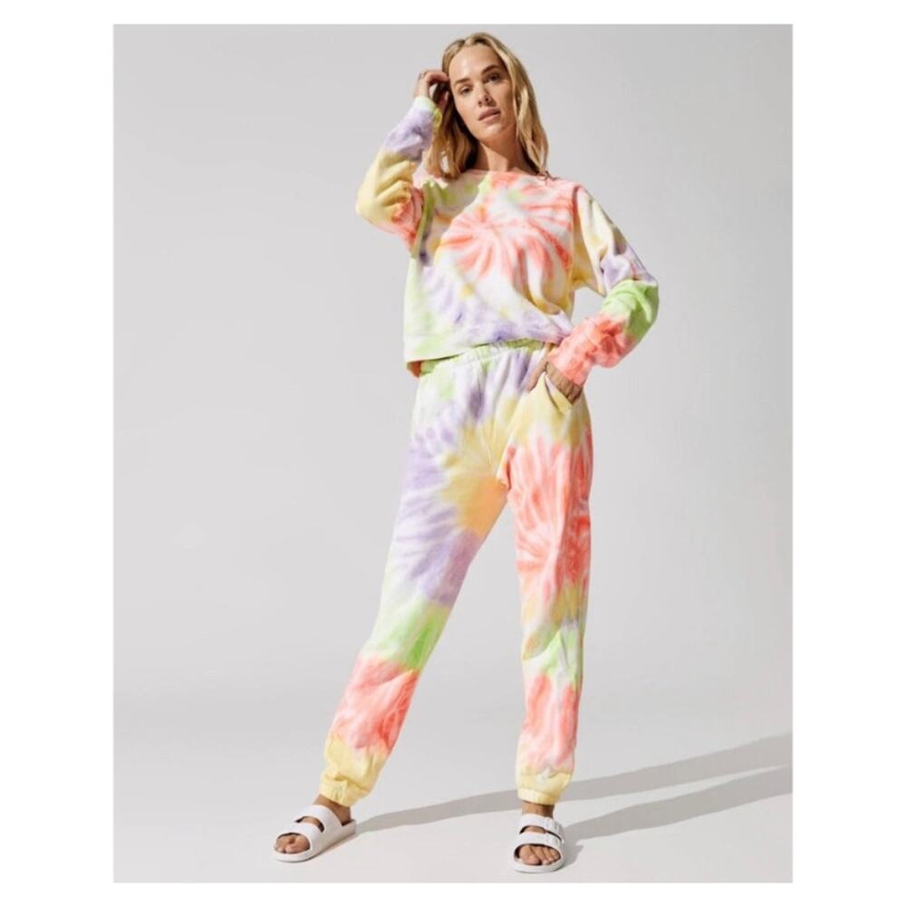 Re/Done x Hanes 2 Piece Raglan Neon Tie Dye Spiral Sweatshirt & Sweatpants M NEW - Picture 2 of 16